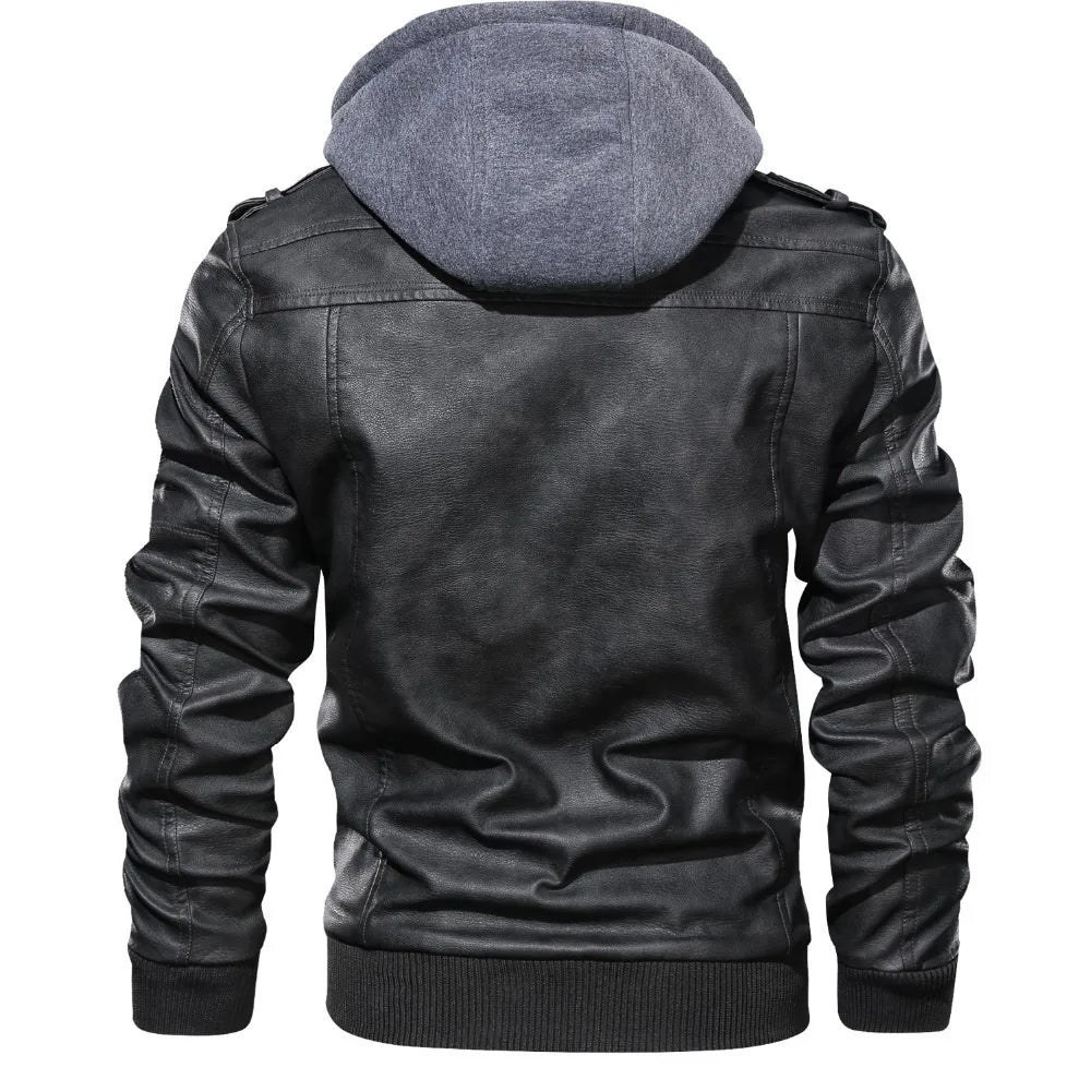 Men Hooded PU Leather Jacket Autumn Winter Retro — product photo 5 of 6