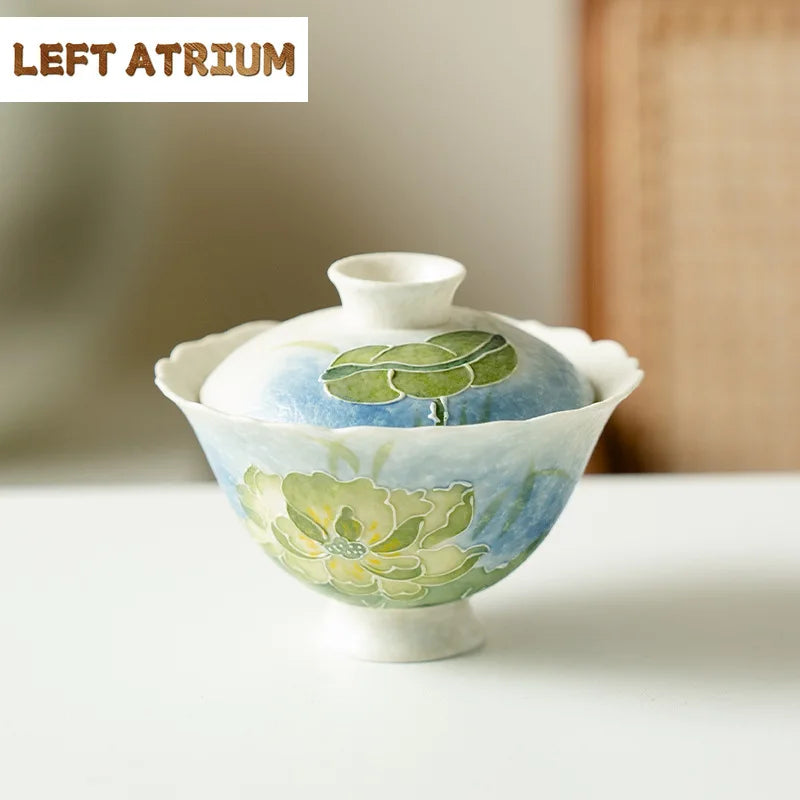 100ml Chinese Ceramic Gaiwan Hand-painted Green Flower Teacup — product photo 2 of 6
