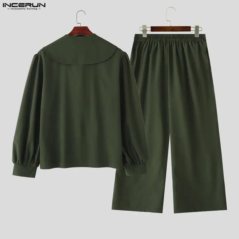 INCERUN Men Sets Solid Oversize Navy Collar Long — product photo 5 of 6