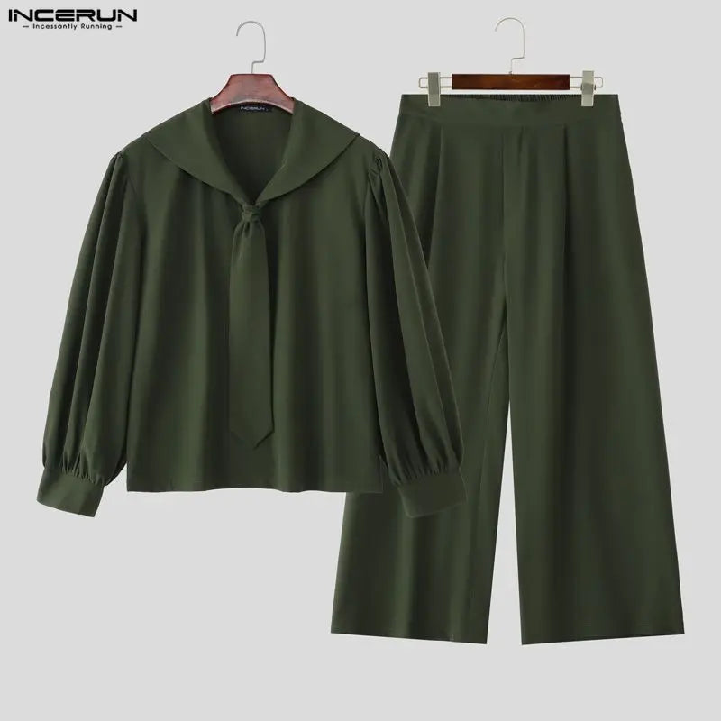 INCERUN Men Sets Solid Oversize Navy Collar Long — main product photo