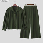 INCERUN Men Sets Solid Oversize Navy Collar Long — main product photo