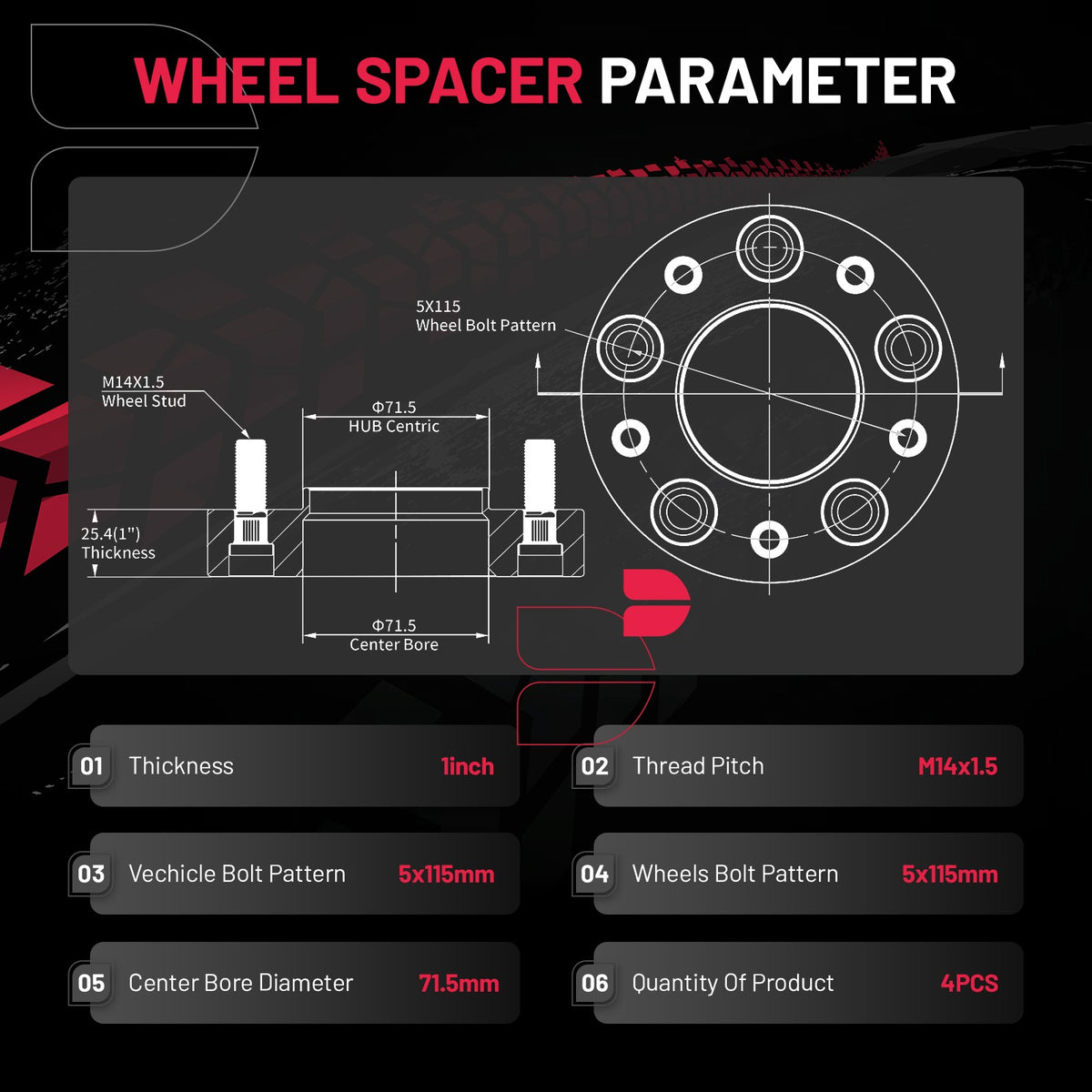(4) 1" 5x115 Hubcentric Wheel Spacers 14x1.5 Studs — product photo 2 of 11