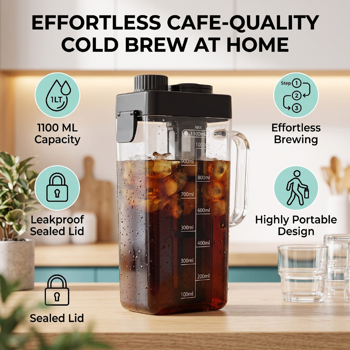 Cold Brew Coffee Maker 1100ml Large Portable Pitcher — product photo 5 of 12